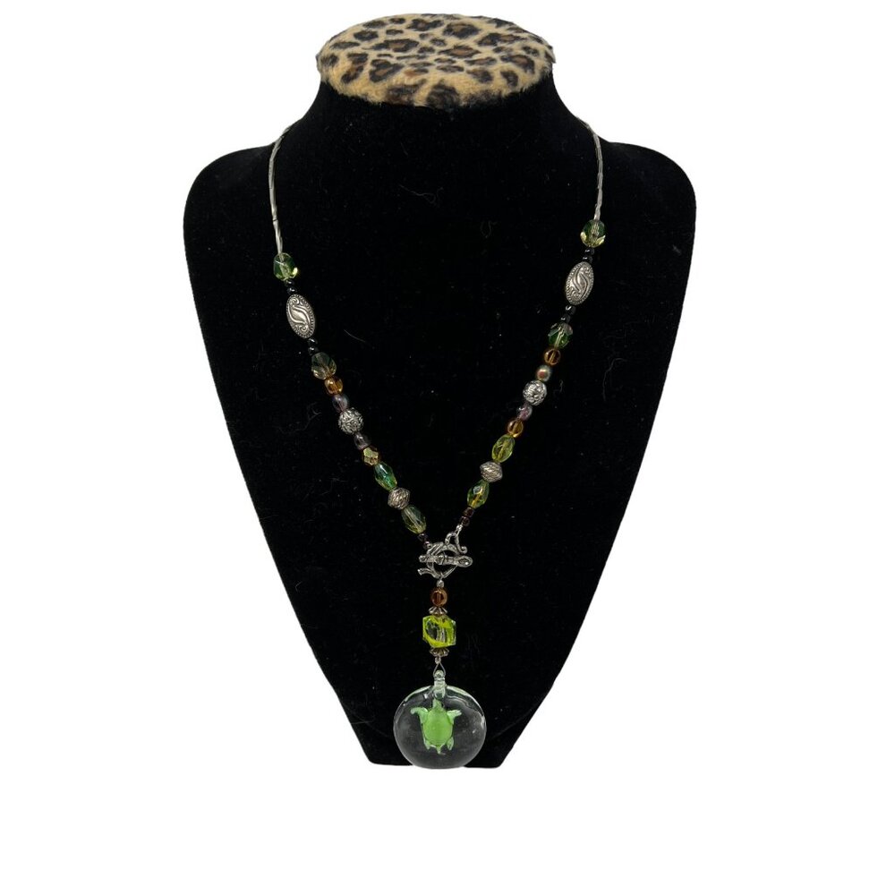 Glass Turtle Necklace Silvertone Necklace Multicolor‎ Beads Teapot Spoon Closure